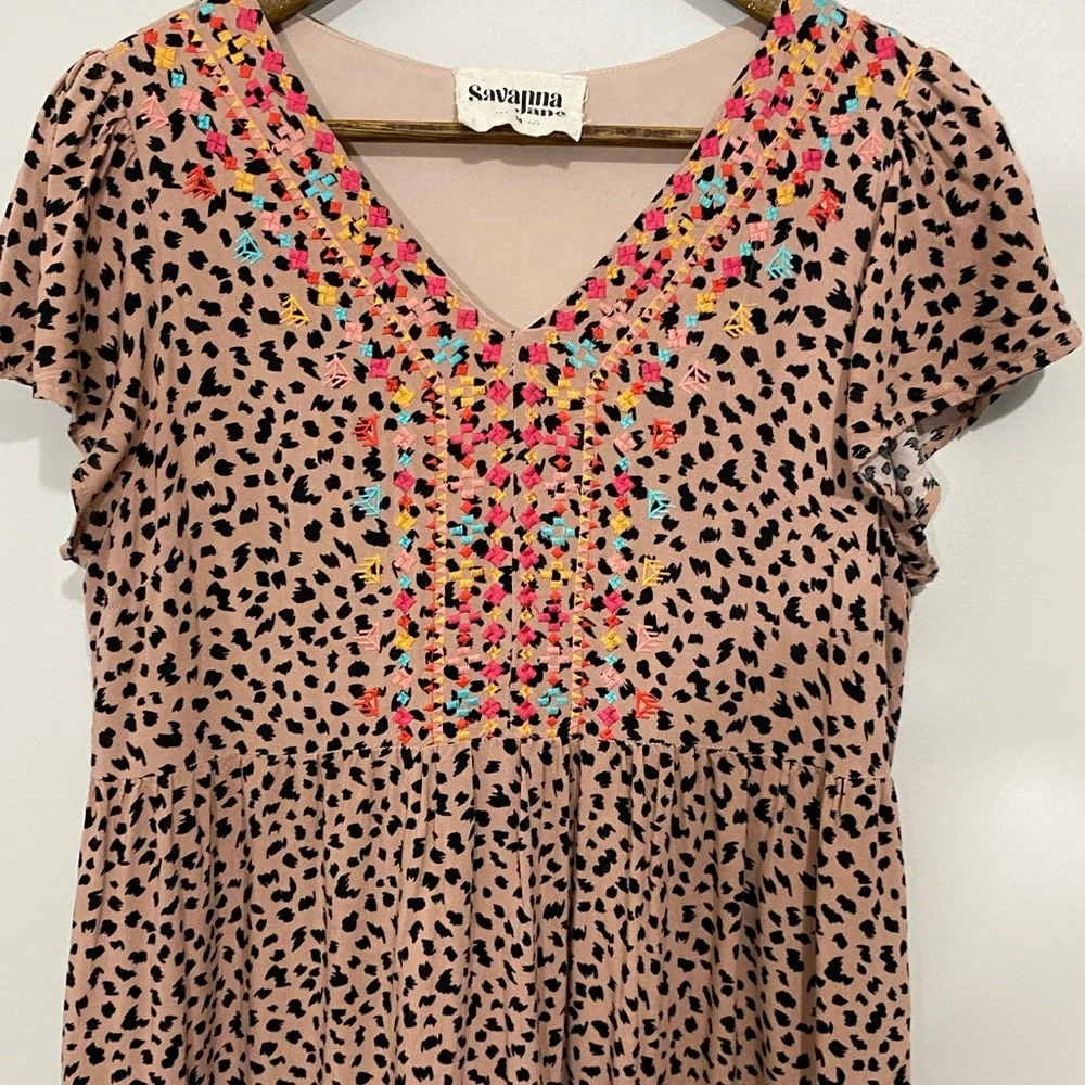 Savanna Jane Boho Festival Leopard Embroidered Tiered Dress Size Medium Babydoll - Picture 7 of 9